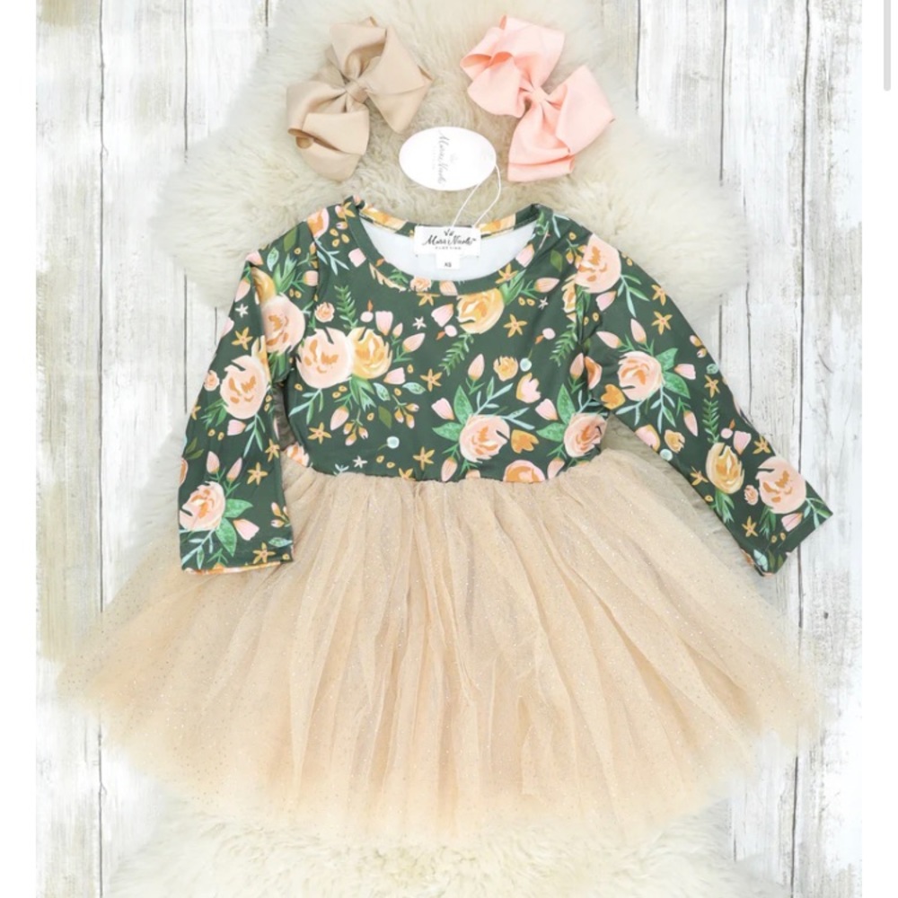 Marie Nicole Clothing Olive Floral Sparkly Tulle Dress 6-12 months XXS